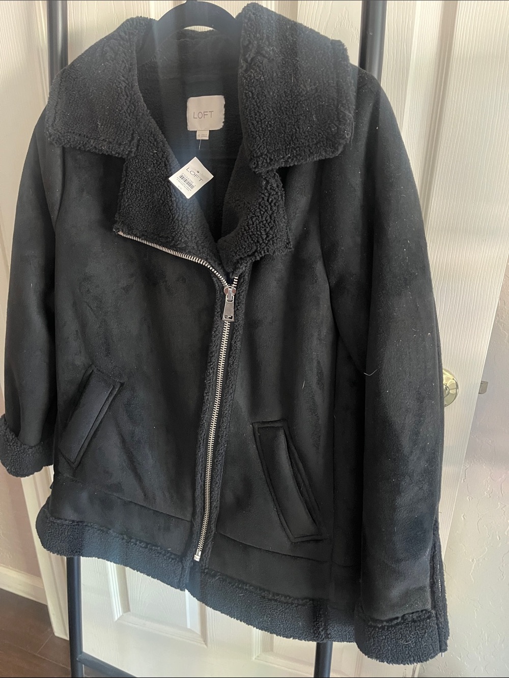 LOFT Black Faux-Shearling Moto Coat